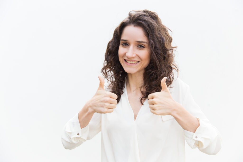happy female customer making Like gesture